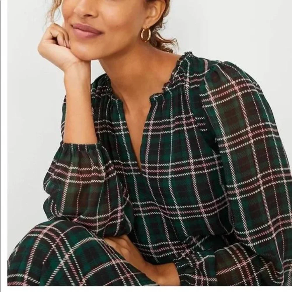 ANN TAYLOR PETITE PLAID PLEATED MIDI DRESS FOR WOMEN NEW - Picture 3 of 5